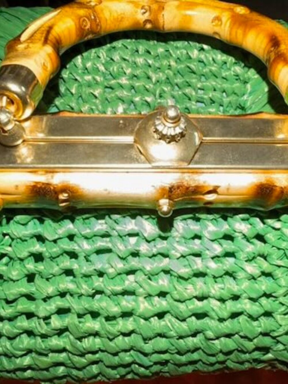 Vintage Large GreenRaffia Bag Italy with Bamboo handle. - Picture 3 of 6